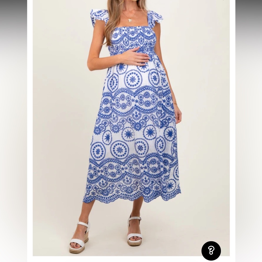Pink Blush Light Navy Embroidered Smocked Cutout Maternity Midi Dress